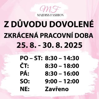 ✨ Z důvodu dovolené máme příští týden zkrácenou pracovní dobu! ✨ 📅 Platí pouze od 25. 8. do 30. 8. 2025 🕒 Otevírací doba:...